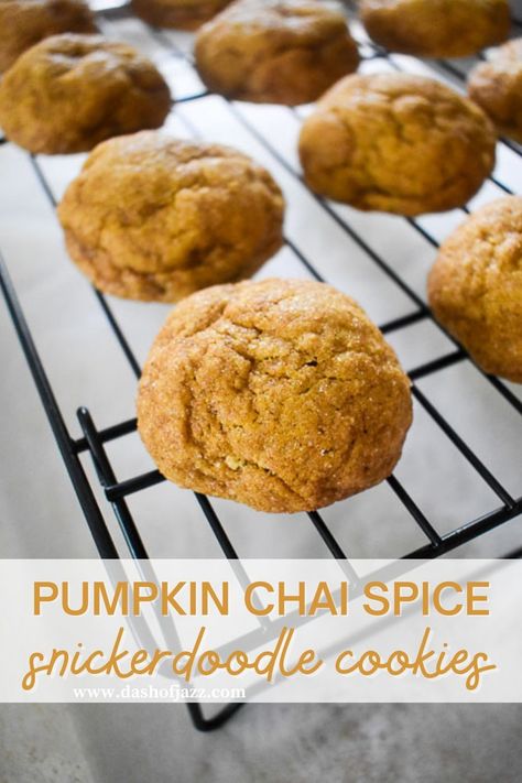 Chai-spiced pumpkin snickerdoodles are a remix of the classic cookie recipe. They're light, chewy, addictive, and perfect for Fall. Recipe by Dash of Jazz #dashofjazzblog #pumpkinsnickerdoodles #pumpkinspicecookies #chewysnickerdoodles #pumpkincookierecipes #fallcookieideas Pumpkin Chai Cookies Recipe, Pumpkin Chai Snickerdoodle Cookies, Pumpkin Chai Snickerdoodles, Pumpkin Chai Cookies, Chai Cookies Recipe, Chai Spice Cookies, Pumpkin Snickerdoodle Cookies, Chai Cookies, Pumpkin Snickerdoodles