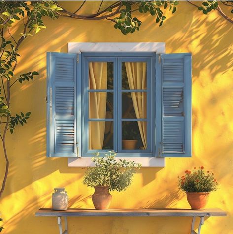 Indie Rooms, Colonial Windows, Bohemian Hotel, Diwali Decorations At Home, Greek Blue, Window Wall Decor, American Paint, Metal Siding, Yellow Wall