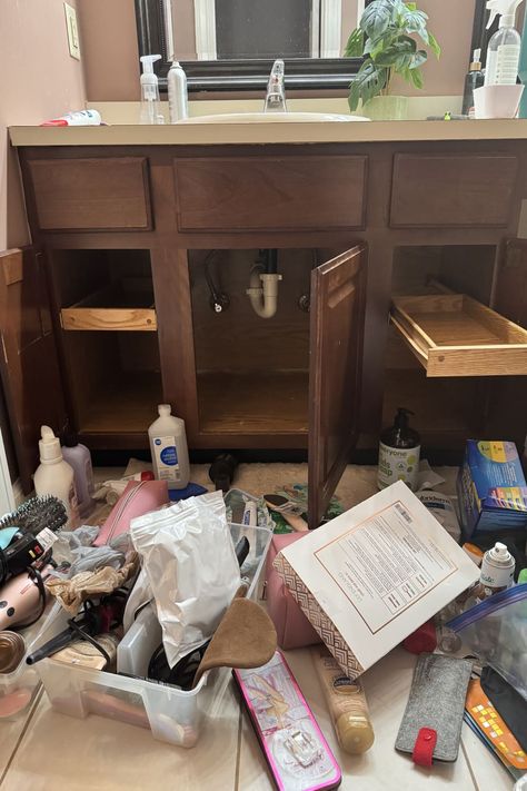 under sink cabinets emptied out with bathroom products scattered on the floor The Fly Lady, Bathroom Under Sink Cabinet, Fly Lady Cleaning, Under Bathroom Sink, Bathroom Under Sink, Fly Lady, Sink Cabinets, Her Bathroom, Under Sink Cabinet