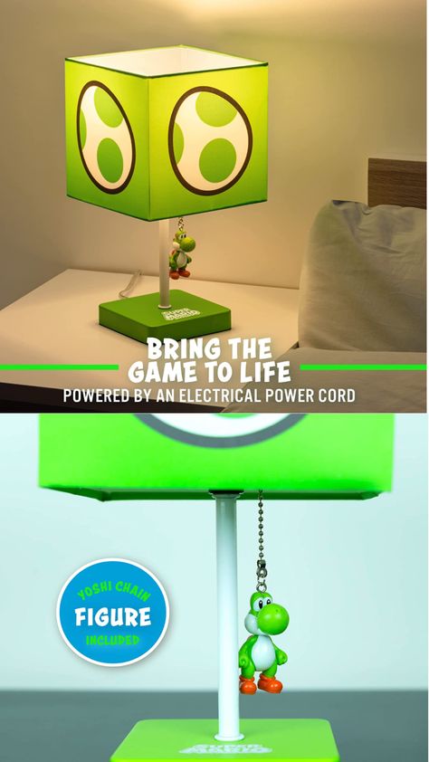 YOSHI LIGHT: For those big Super Mario & Super Smash Bros fans, this iconic Yoshi Dinosaur Egg graphic becomes the coolest lamp for gaming, home or bedroom decor, featuring Yoshi as the pull chain. VIDEO GAME TABLE LAMP: Perfect Nintendo item as the finishing touch in a gaming room. This green lamp is powered by the included standard plug & is switched on & off with the Yoshi character figurine. Super Mario Bedroom Decor, Yoshi Room Decor, Nintendo Room Decor, Nintendo Bedroom, Mario Bros Furniture, Yoshi Dinosaur, Mario Bro Bedroom Themed Rooms, Mario Collection Room, Video Game Table