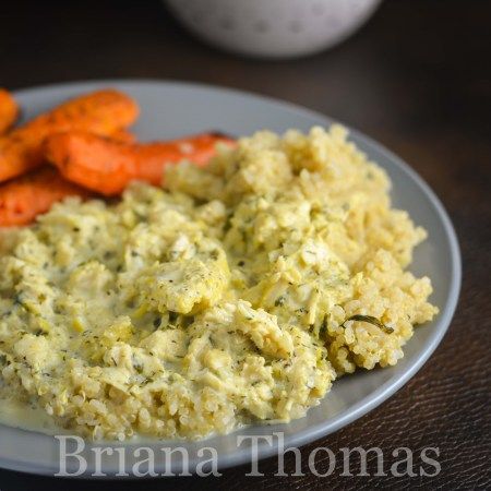 This Creamy Chicken Rice Casserole is THM:E, low fat, sugar free, and gluten/peanut free (does contain chickpeas). Creamy Chicken Gravy, Creamy Chicken Rice Casserole, Seasoned Quinoa, Creamy Chicken Rice, Briana Thomas, Thm Dinner, Creamy Chicken And Rice, Trim Healthy Momma, Chicken Rice Casserole