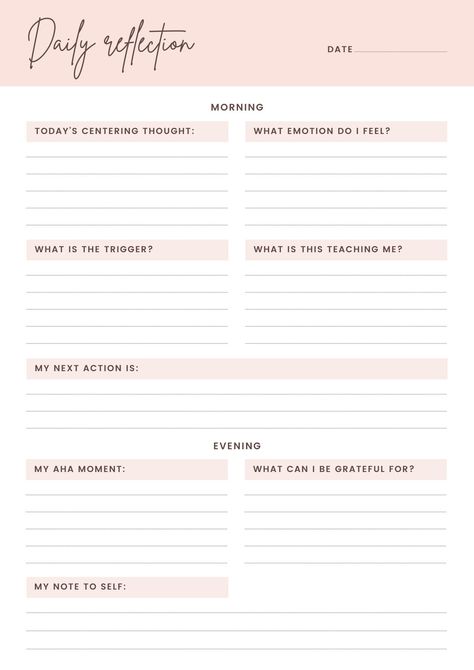 Transform your relationship with emotions - it creates freedom and peace in our lives and unlocks a world of possibilities. Helps you check in with yourself every morning and every evening. This daily check-in template is a very simple tool to track your daily thoughts and feelings. Use this daily template to reflect on your day so you can become more aware and make changes accordingly. Self Reflection Template, Feelings Journal Template, Daily Check In, Daily Reflection Journal Template, Morning Template, Study Affirmations, Daily Check In Journal, Goodnotes Ideas, Daily Journal Template