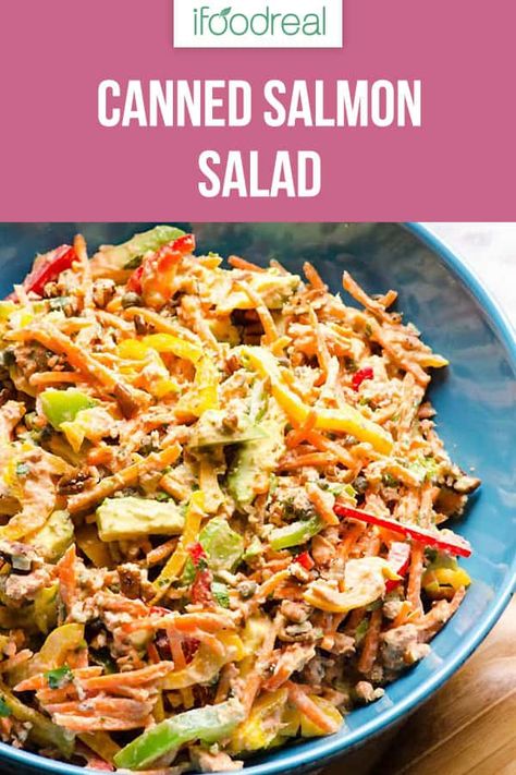 Canned Salmon Salad Recipe with crunchy bell peppers, creamy avocado and tangy capers. Healthy and affordable salad. #ifoodreal #cleaneating #salad #recipe #healthy Canned Wild Salmon Recipes, Tinned Salmon Recipes, Lowering Triglycerides, Cupboard Recipes, Canned Salmon Salad, Salmon Casserole, Salmon Salad Recipe, Wasabi Mayo, Green Tahini