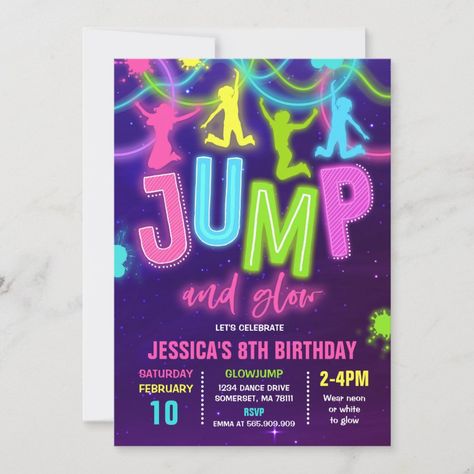 Glow Jump Invitation Neon Jump Birthday Party  Zazzle Glow Birthday Party Invitations, Party Bounce House, Jump Birthday Party, Jump Party Invitations, Jump Party, Glow Birthday, Party Tickets, Ticket Invitation, Glow Party