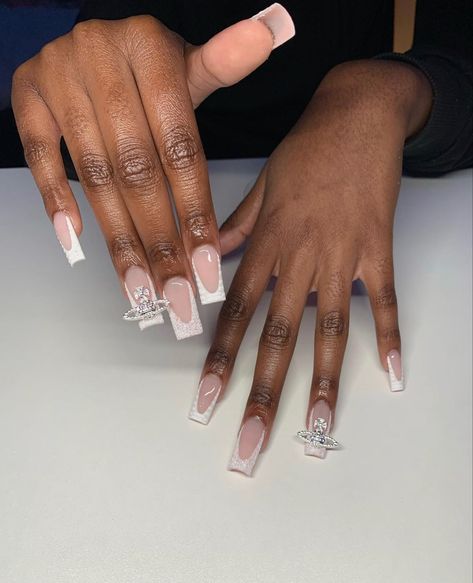 White French Tip Nails With Cross Charm, White French With Charms, White French Tip Nails With Charms, White French Tip With Charms, French Nails With Charms, White Nails With Charms, French Tip Nails With Charms, French Tips With Charms, French Tip With Charms