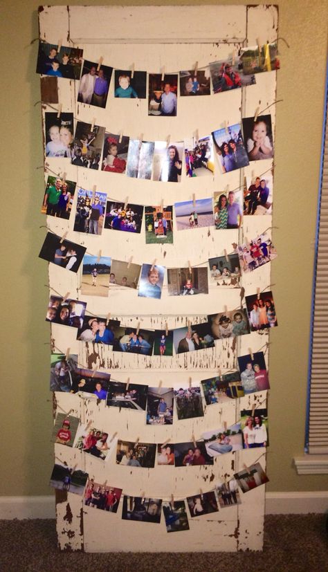 Old door that I found for cheap and covered with old and new pictures of us for our wedding! Old Door Picture Display, Door Picture, Old Door, Old Doors, Grad Party, Grad Parties, Photo Backdrop, Picture Display, Photo Displays