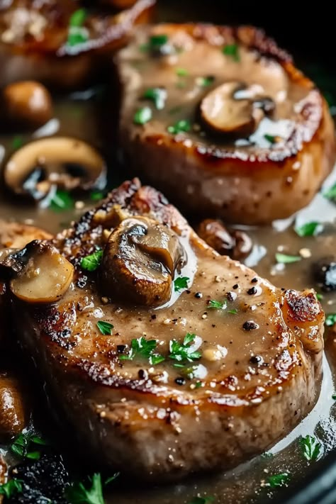 Slow Cooker Pork Chops with Mushroom Gravy Slow Cooker Bone In Pork Chops, Pork Chops Cream Of Mushroom, Pork Chops Mushrooms, Rice And Pork Chops, Stewed Pork Chops, Pork Chops And Mushrooms, Boneless Pork Chops Crock Pot, Pork Chops With Mushroom Gravy, Slow Cooker Pork Chops Recipes