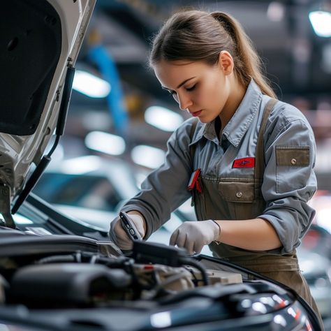 Mechanic at Work: A focused female mechanic carefully inspects the engine of a vehicle in a well-lit garage. #mechanic #female #car #engine #work #professional #garage #inspection #aiart #aiphoto #stockcake https://ayr.app/l/CTGc Girl Mechanics Aesthetic, Mechanic Girl Aesthetic, Mechanic Pose, Mechanic Aesthetic Female, Mechanic Photoshoot, Mechanic Woman, Mechanics Photography, Mechanic Aesthetic, Girl Mechanic