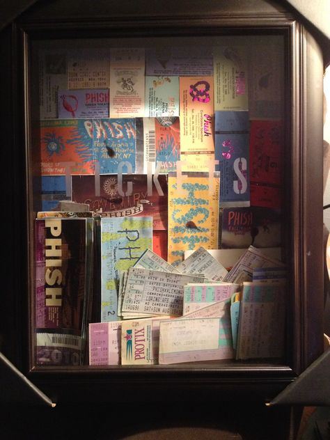 Customized shadow box to keep concert tickets. Can't wait to surprise him with this! Concert Shadow Box Ideas, Ticket Shadow Box, Ticket Display, Shadow Box Ideas, Concert Ticket, Phish, Taylor Swift Concert, Concert Tickets, Box Ideas