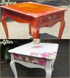 Diy Decoupage Furniture, Side Table Diy, Muebles Shabby Chic, Diy Furniture Chair, Painting Old Furniture, Antique Side Table, Upcycled Furniture Diy, Decoupage Diy, Decoupage Furniture