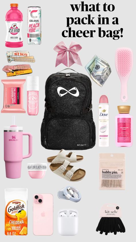 what to pack in your cheer backpack! Pe Bag Essentials School, What To Keep In Your Cheer Bag, Cheer Mom Bag Essentials, Cheer Pins For Backpacks, Backpack Essentials Highschool, Cheer Bag Essentials, Cheer Essentials, Mom Bag Essentials, Cheer Backpack