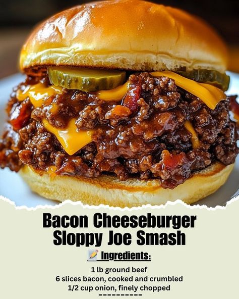 Time of Recipes | 🍔 Bacon Cheeseburger Sloppy Joe Smash - a tasty twist on a classic | Facebook Cheeseburger Sloppy Joes Crockpot, Crockpot Sloppy Joe Recipe, Bacon Cheeseburger Sloppy Joes, Cheeseburger Sloppy Joes, Crock Pot Sloppy Joes, Cheesesteak Recipe, Brown Sugar Bacon, Easy Foods, Sloppy Joes Recipe