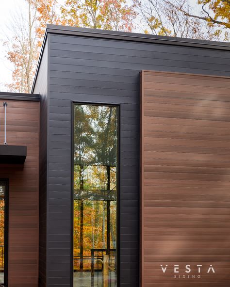 Horizontal Wood Cladding Modern Exterior, Modern Exterior Finishes For Homes, Charcoal Exterior House Colors Modern, Industrial Exterior Design Facades, Modern Home Exterior Materials, James Hardie Vertical Siding, New Tech Wood Siding, Contemporary Siding Exterior, Modern Commercial Building Exterior Design