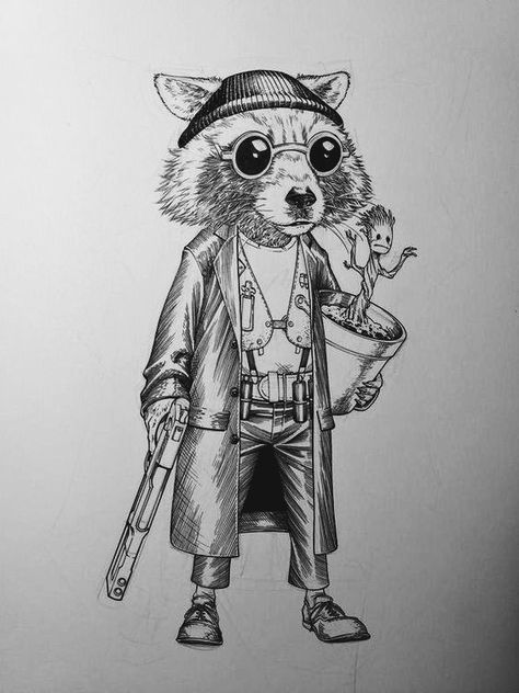 Rocket Raccoon And Groot, Racoon Tattoo, Groot Tattoo, Raccoon Drawing, Raccoon Illustration, Raccoon Tattoo, Galaxy Drawings, Rocket Tattoo, Leon The Professional