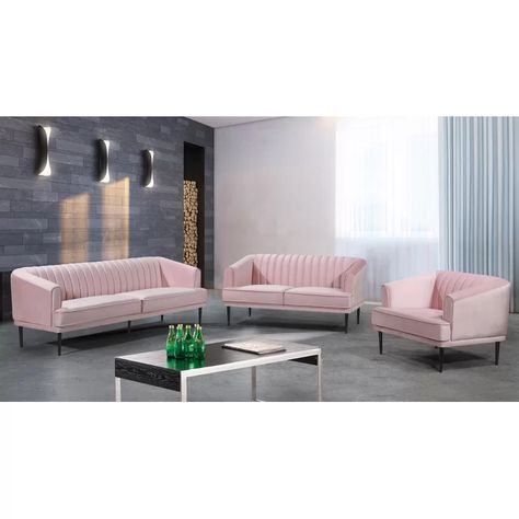 Colour Sofa, Rosa Sofa, Pink Velvet Chair, Pink Velvet Sofa, Color Sofa, Contemporary Loveseat, Cream Living Rooms, 3 Piece Living Room Set, Living Room Sofa Set