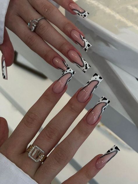 Multicolor  Collar    Color Nails Embellished   Nail,Hand & Foot Care Cow Print Nails, Long Square Nails, Nail Pops, Print Nails, Style Français, Nail Forms, Upgrade Your Look, Trendy Nail Design, False Nail