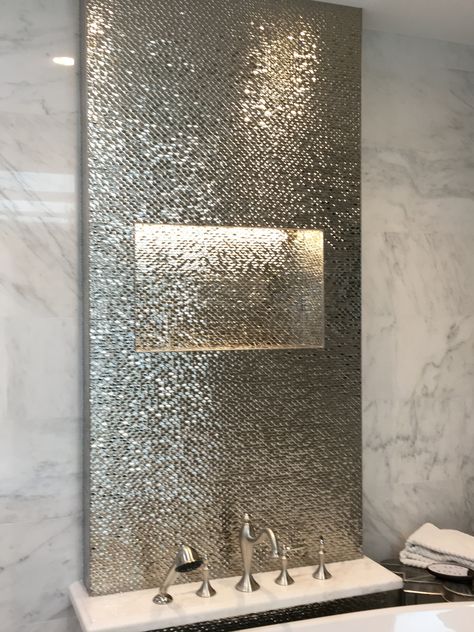 Accent wall over freestanding tub #Porcelanosa #BainUltra #Santec #Daltile Bathroom Mozaik Wall, Accent Tiles, Silver Bathroom, Freestanding Tub, Trendy Bathroom, Bathroom Design Luxury, Dream Bathrooms, Free Standing Bath Tub, Free Standing Tub