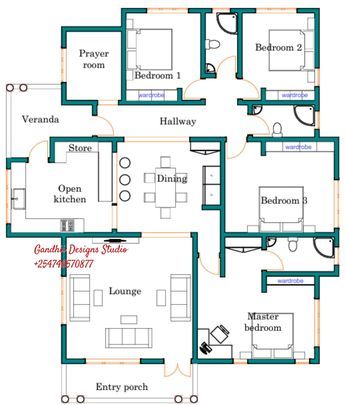 Amazing four bedroomed bungalow... - Gandhii Designs Studio House Map Design, Living Room Design Blue, Bungalow House Floor Plans, Four Bedroom House Plans, Single Storey House Plans, Building Design Plan, Closet Design Layout, Simple House Design, Building House Plans Designs