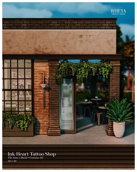 Sims 4 Tattoo Parlor, Builds Sims 4, Industrial Tattoo, Urban Cc Finds, Sims 4 Get Together, Ts4 Builds, Tattoo Studio Interior, Black Simmer, Modern Coffee Shop