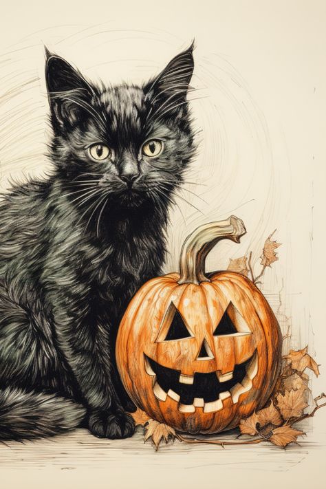 Black Cat With Pumpkin Tattoo, Cat And Pumpkin Drawing, Halloween Cats Art, Black Cat On Pumpkin, Bullet Journal Halloween, Cat With Pumpkin, Pumpkin Photography, Black Cat And Pumpkin, Black Cat Sitting