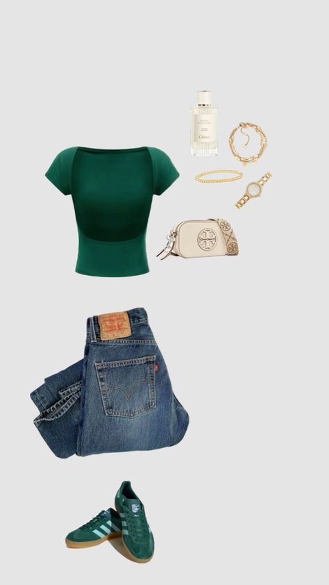 Green And Dark Blue Outfit, Fits With Campus 00, Green School Outfits, Cute Basic School Outfits, Outfits With Green Shirt, Summer College Outfits Aesthetic, Green Top Outfit Aesthetic, Summer Outfit Inspo 2024, School Event Outfit