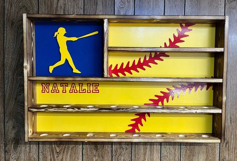 Softball Homerun Ball Display, Softball Ring Display, Baseball Project, Ring Display Case, Baseball Ring, Baseball Flag, Softball Crafts, Diy Shadow Box, Ring Displays