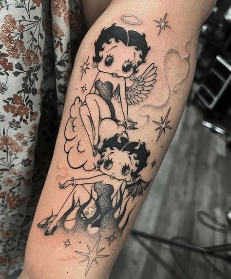 Angel Betty Boop, Betty Boop Tattoo Ideas, Betty Boop Tattoo, Betty Boop Tattoos, Mexican Art Tattoos, Gangsta Tattoos, Funky Tattoos, Neck Tattoos Women, Flash Tattoo Designs