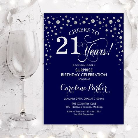 $2.80 | Surprise 21st Birthday Party - Navy Silver | Birthday Invitations | surprise birthday, for men, for women, 21 years, 21st surprise birthday, 21st surprise bday, elegant modern, glitter silver, silver navy, navy blue surprise Surprise 60th Birthday Party, Surprise 50th Birthday Party, Surprise 30th Birthday, Surprise 60th, Elegant Birthday Invitations, Surprise Birthday Invitations, 80th Birthday Invitations, Silver Invitation, 21st Birthday Invitations