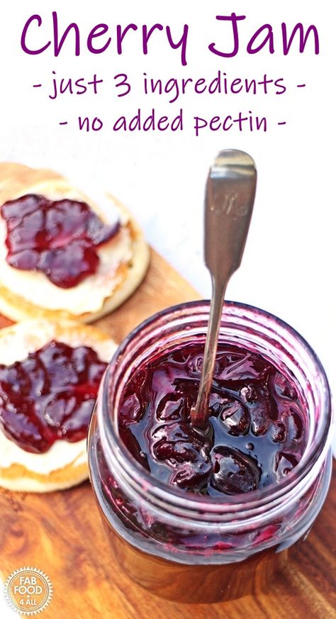 This simple, soft set Cherry Jam is made with just 3 ingredients and no added pectin. It tastes out of this world good, no wonder it's so popular! #cherryjam #cherryjamrecipe #cherryjamrecipeeasy #cherryjamrecipenopectin #cherryjamrecipecanning #cherryrecipes Cherry Jam Recipe, Pectin Recipes, Cherry Jam Recipes, Dehydrated Foods, Canning Jam, Cherry Jam, Jam And Jelly, Cherry Recipes, Jam Recipe