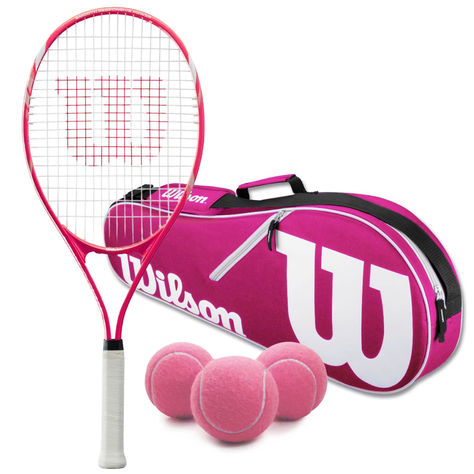 This tennis starter set includes (1) Wilson Serena ProLite tennis racquet, (1) Advantage II tennis bag in your choice of color and (3) pink tennis balls.The Wilson Serena Pro Lite Tennis Racquet serves up a generous sweet spot in a lightweight, durable frame perfect for recreational tennis players looking to improve their game. V-Matrix Technology shapes an enlarged sweet spot for impressive power, extra forgiveness and more consistent playability. Stop Shock Sleeves placed at either side of the Tennis Equipment Aesthetic, Cute Tennis Racket, Pink Tennis Balls, Pink Tennis Racket, Tennis Racquet Bag, Tennis Techniques, Tennis Pictures, Racquet Bag, Pink Tennis