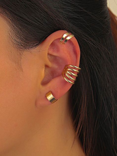 3pcs Simple Hollow Out Ear Cuff | SHEIN USA Affordable Minimalist Ear Cuff For Women, Cheap Elegant Metal Ear Cuff, Ear Cuff Ideas, Trendy Metal Ear Cuff With Matching Earrings, Trendy Gold Ear Cuff With Matching Earrings, Gold Metal Trendy Ear Cuff, Earcuffs Earrings, Gold Earring Cuff, Nose Ring Designs