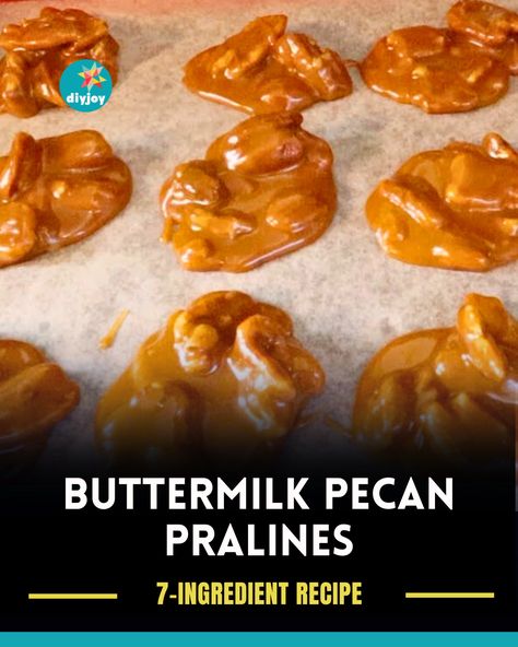 These buttermilk pecan pralines only require 7 ingredients to make! They are tasty, addicting, and very easy to prepare. How To Make Buttermilk, Pecan Pralines, Caramel Candy, Holiday Candy, Candy Party, Best Dessert Recipes, Buttermilk, Fun Desserts, Baking Soda