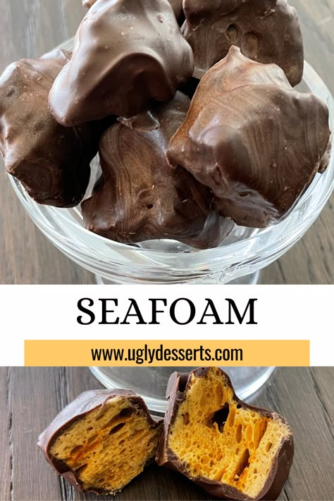 Homemade Seafoam Candy, How To Make Seafoam Candy, Idaho Spud Candy Recipe, Chocolate Candy Bar Recipes, See’s Candy Recipes, Sea Foam Candy Recipe, Sponge Candy Recipe Homemade, Unique Candy Recipes, Pantry Dessert Ideas