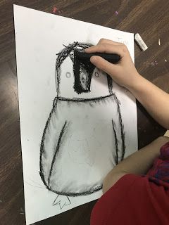 Art Lesson 1st Grade, How To Draw Penguin Easy, January Art Lessons For Elementary, Grade 1 Winter Art Ideas, Winter Art 1st Grade, 1st Grade Art Projects Winter, Grade 1 Winter Art, Penguin Art Project, Penguin Art Projects For Kids