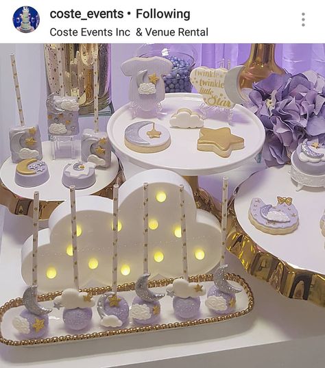 Twinkle Twinkle little star Dessert table and Decor Star Dessert Table, Angel Baby Birthday, Cloud Baby Shower Theme, Moon Baby Shower Theme, Girl Shower Themes, Twinkle Twinkle Baby Shower, Baby Shower Dessert Table, Baby Shower Deco, Moon Baby Shower