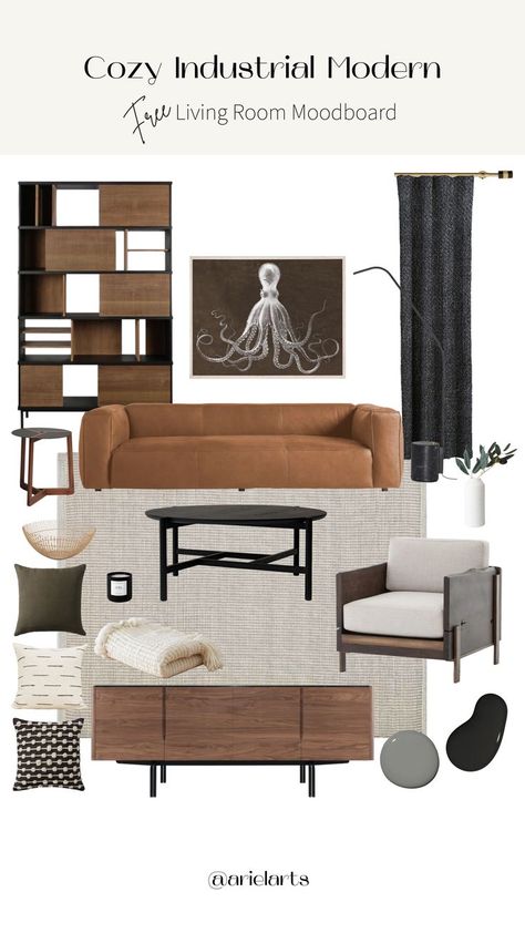 Industrial Mood Board Modern Industrial Interior Living Rooms, Men's Interior Design, Media Room Mood Board, Decor Boards Inspiration, Masculine Living Room Mood Board, Mod Board Interior Design, Masculine Modern Living Room, Modern Masculine Living Room, Industrial Moodboard