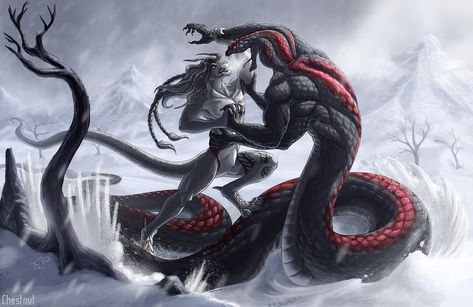 Snake Monster Art, Naga Art, 7deadly Sins, Snake Monster, Snake People, Humanoid Creatures, Link Art, Creature Artwork, Alien Concept