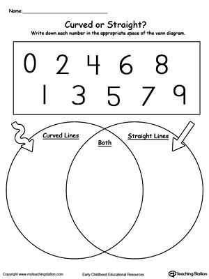 Venn Diagram Numbers Curved or Straight: Practice sorting items into groups based on attributes by using this Venn Diagram printable worksheet and help your child strengthen their sorting and reasoning skills. Do the numbers have curved or straight lines? or both? Sorting By 2 Attributes, Venn Diagram Printable, Venn Diagram Activities, Venn Diagram Worksheet, Math Sort, Venn Diagrams, Free Kindergarten Worksheets, Kindergarten Worksheets Printable, Basic Math Skills