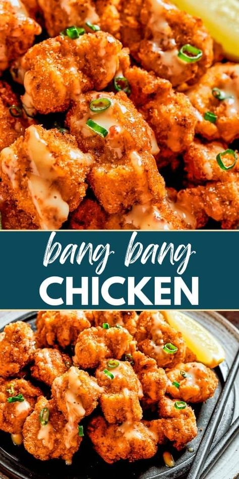 Bang Bang Chicken is a flavor-packed dish made with perfectly seasoned and fried chicken bites. The crispy chicken is generously drizzled with a signature, finger-licking, spicy, and tangy bang bang sauce. Bang Bang Wings Recipe, Best Chicken Strips Recipe, How To Make Chicken Strips, Chicken Breast Bites Recipes, Chicken Breast Strip Recipes, Chicken Strip Dinner Ideas, Asian Chicken Tenders, Chicken Tender Dinner Ideas, Easy Chicken Tender Recipes