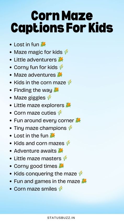 60+ Corn Maze Captions For Instagram - StatusBuzz Corn Maze Captions For Instagram, Apple Picking Caption, Dirty Dancing Quotes, Baby Captions, Captions For Couples, Festival Quotes, Wedding Captions, Magic For Kids, Mazes For Kids