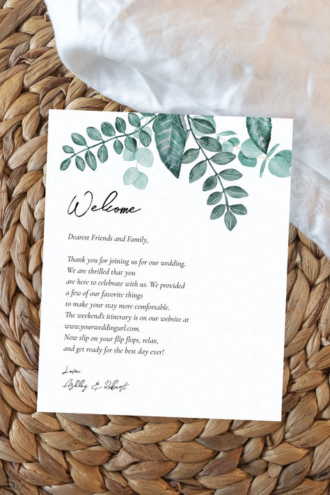 Custom Wedding Welcome Cards for your Weekend Welcome Bags. They are adorned with aqua watercolor leaves Wedding Welcome Letter, Welcome Cards, Wedding Welcome Letters, Aqua Watercolor, Welcome Letter, Welcome Card, Free Printable Gift Tags, Welcome Letters, Wedding Welcome Bags