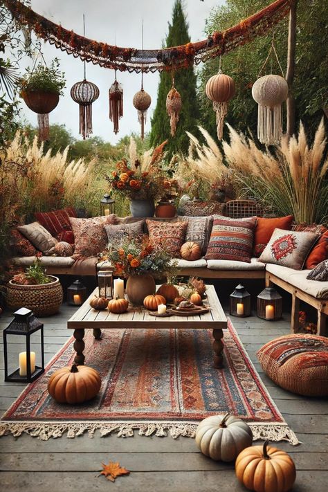 🍁 This boho-chic fall patio is the perfect cozy retreat. The seating area is filled with warm, earthy cushions, creating a relaxed vibe. A wooden coffee table, adorned with pumpkins, candles, and vibrant florals, serves as the centerpiece. Hanging lanterns and woven decor add a touch of bohemian charm, while pampas grass and greenery surround the space. It's an ideal spot to unwind and enjoy the beauty of the season. 🌾🕯️ Earthy Cushions, Pampas Grass And Greenery, Boho Chic Fall, Fall Patio, Vibrant Florals, Boho Patio, Pampas Grass Decor, Woven Decor, Natural Decor