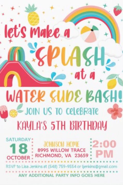 Rainbow Water Slide Birthday Invitation. Slide into a rainbow of fun at your vibrant water slide birthday bash! Get ready for a colorful adventure filled with laughter, joy, and endless excitement. Let the rainbow waves take you away! 🌈🌊🎉 #RainbowWaterSlide #BirthdayAdventure Water Slide Birthday Party, Splish Splash Birthday Party, Water Birthday Parties, Summer Birthday Themes, Water Birthday, Splash Party, Rainbow Water, Flamingo Birthday Party, Pool Birthday