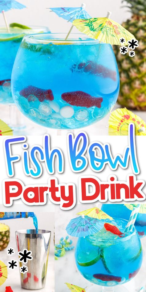 This easy fish bowl drink will wow the crowd with the pretty colors and tropical flavor! All you need is a few different liquors, lemon lime soda, and Swedish fish candies to make this fun party cocktail! Fish Bowl Drink, Fishbowl Cocktail, Blue Hawaiian Jello Shots, Mixed Drinks Alcohol Recipes, Fishbowl Drink, Swedish Fish Candy, Gummy Fish, Malibu Coconut, Pretty Alcoholic Drinks