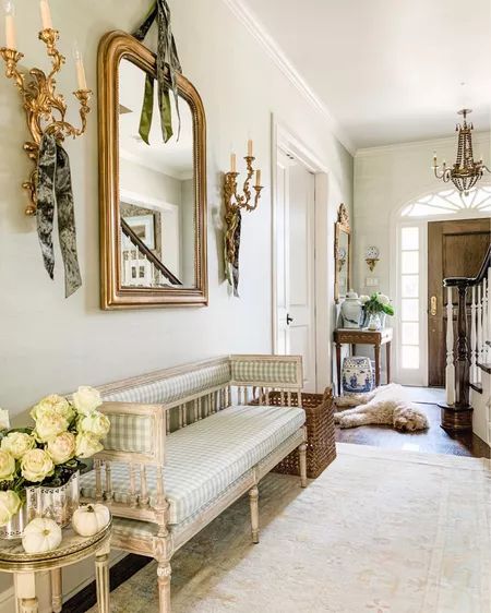 Mirror And Sconces, Tall Wall Mirrors, Decorating For Fall, Sconces Living Room, Dream Living, Louis Xiv, Linen Upholstery, Kitchen Area, Upholstered Bench