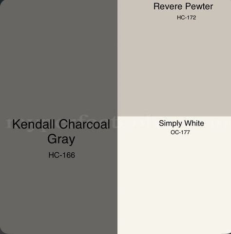 Kendall charcoal gray for accent cabinets Kitchen Ideas Charcoal Cabinets, Kendall Charcoal Palette, Kendall Charcoal Cabinets Kitchens, Bm Kendall Charcoal Color Schemes, Revere Pewter And Kendall Charcoal, Kendall Charcoal Color Palette, Kendall Charcoal Exterior House, Bm Kendall Charcoal Cabinets, Bm Kendall Charcoal Exterior