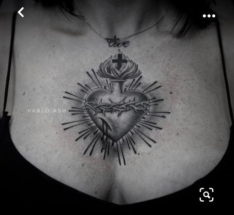 Sacred Heart Tattoo Chest Woman, Sacred Heart Tattoos Women, Sacred Heart Tattoo On Chest, Sacred Heart Sternum Tattoo, Corazon Sagrado Tattoo, Sacred Heart Tattoo Chest, Heart Tattoo Sternum, Sacred Heart Tattoo Women, Jesus Heart Tattoo