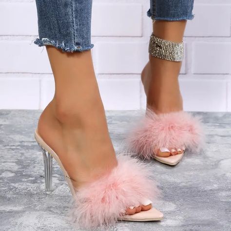 High Heel Slide Sandals Women Women's Stiletto Heeled Fluffy - Temu Beach Dresses Casual, Luxury Sandals, Summer Luxury, 파티 드레스, Lehenga Collection, Black Retro, Fashion Slippers, Heel Slippers, Pink Collar