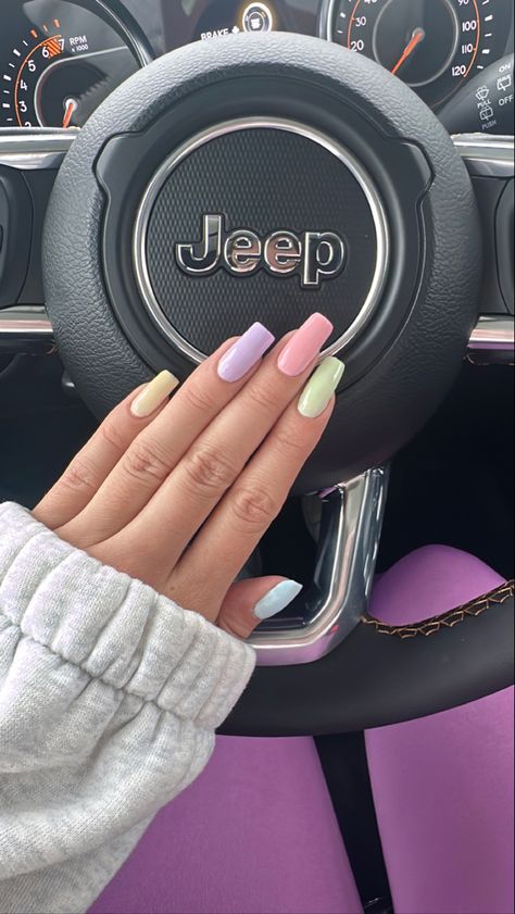 Spring Nails Different Color Each Nail, Mixed Pastel Nails, Colour Fade Nails, April Nails Solid Color, Pastel Multicoloured Nails, April Nail Inspo 2024, Full Colour Nails, Pastel Colour Nails, Prom Nails Acrylic Red