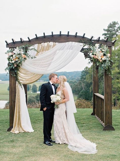 Pergola - handmade by the father-of-the-bride - with beautiful draping and flowers ~ http://www.stylemepretty.com/2016/08/19/rustic-foxhall-resort-wedding/ Pergola Decor, Wedding Pergola, Wedding Arch Ideas, Wedding Arbors, Wedding Arch Rustic, Arch Ideas, Gazebo Wedding, Wedding Ceremony Arch, Wedding Arch Flowers